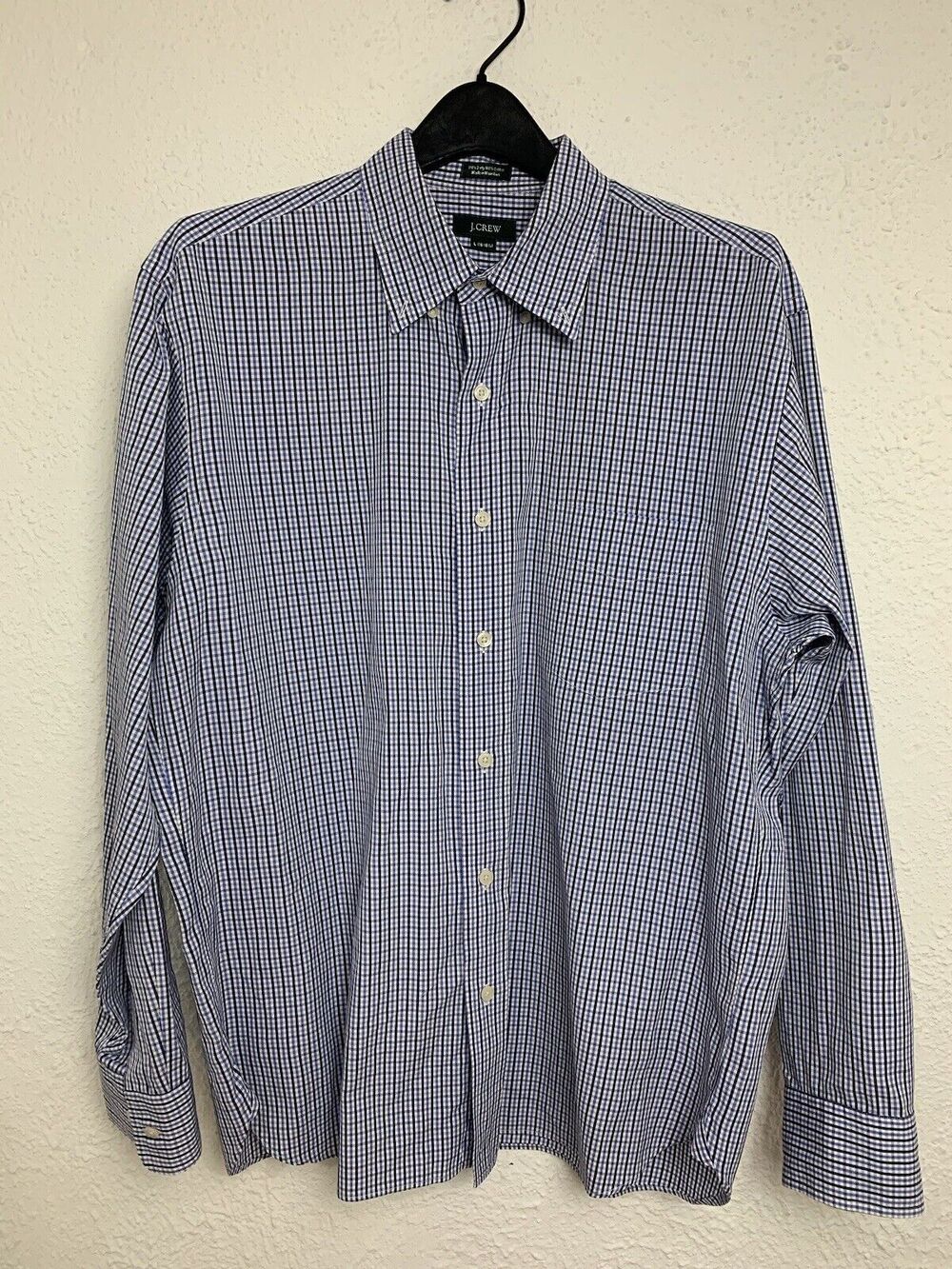 J Crew Mens Blue Black Check Plaid 100% Cotton Dress Shirt Size 16-16.5 L Preppy